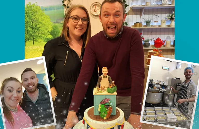 Kevin Flynn and Louise Adams with Kevin's An Extra Slice contestant's cake